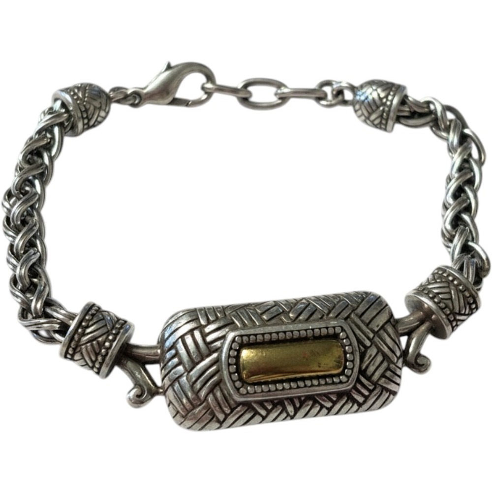 Samuel B Sterling‎ Silver 18K Gold Basketweave Station Bracelet Bali 925 Wheat